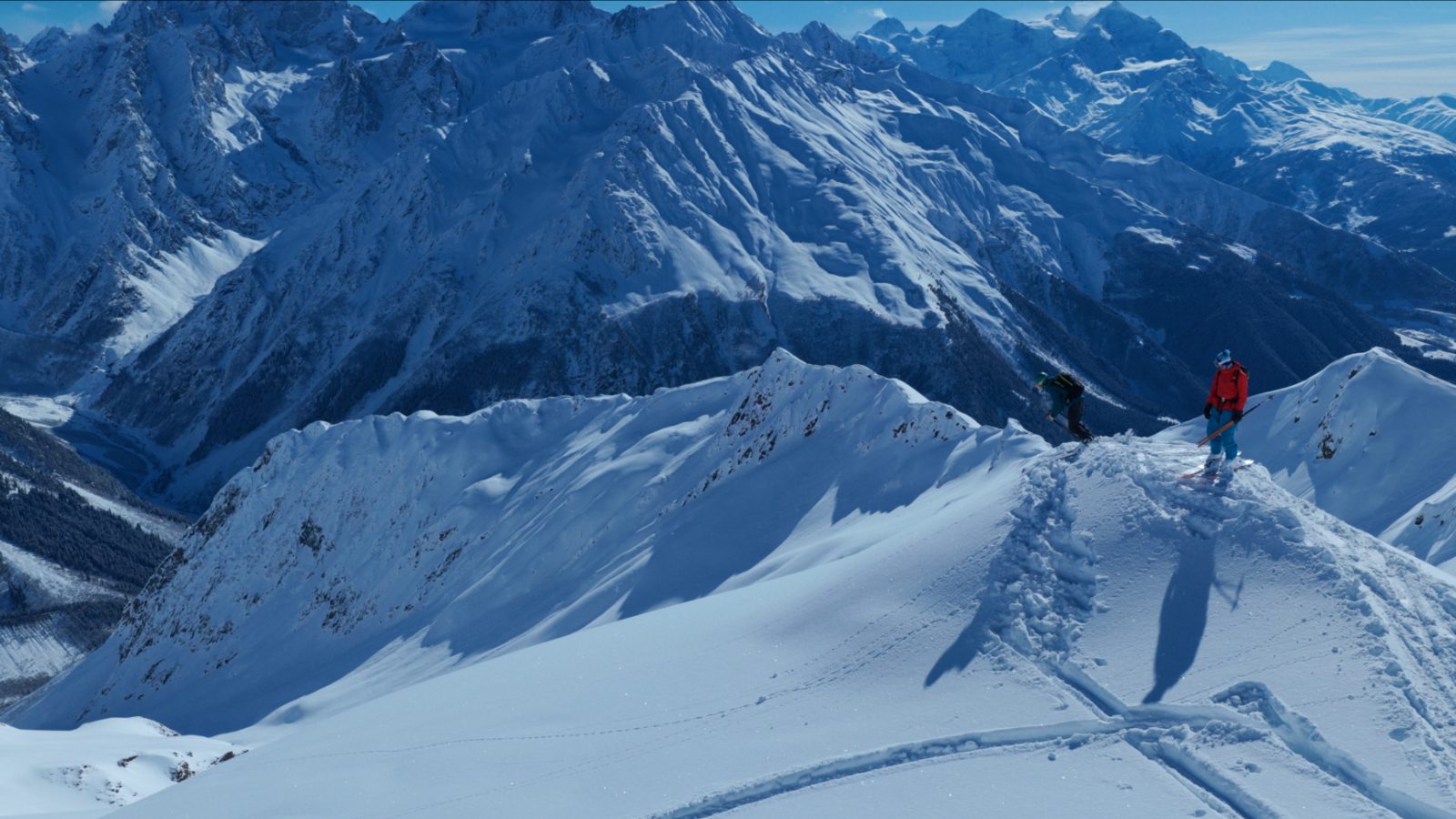 Backcountry group on a ridge above Mestia — ski touring in the Caucasus