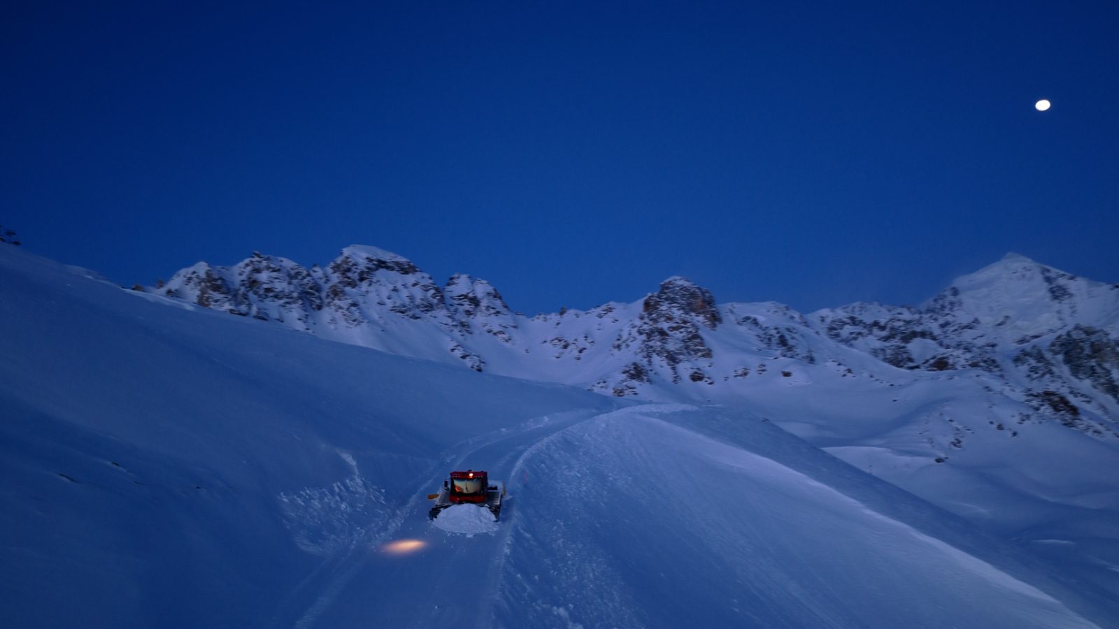 Snowcat under the moon — early-morning catski start on Tetnuldi