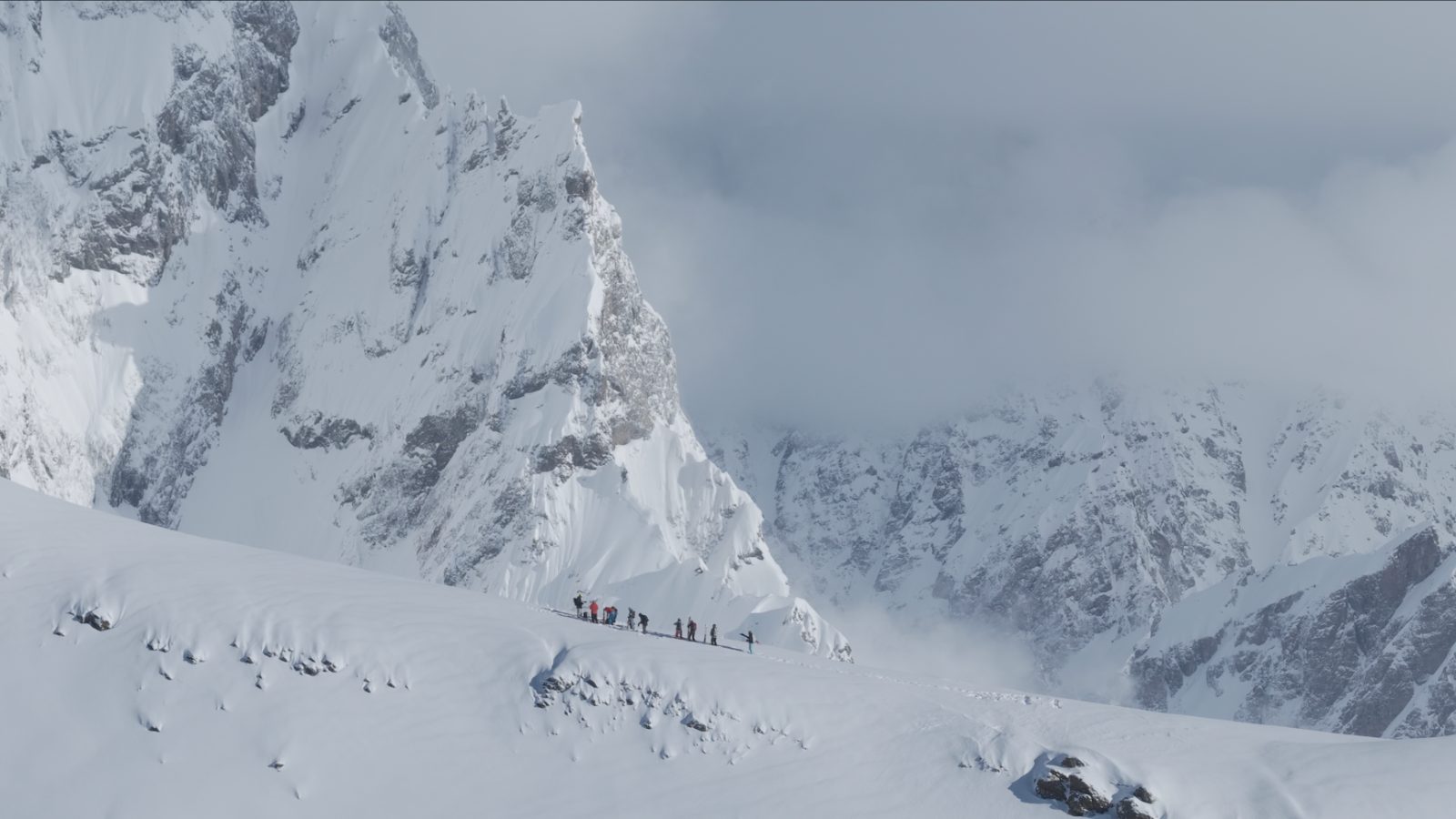 Freeride line below Hatsvali — powder fields above Mestia, Svaneti