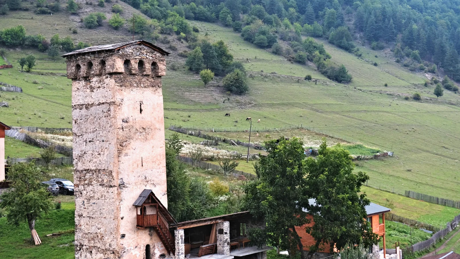 A stone Svan tower above a summer meadow.