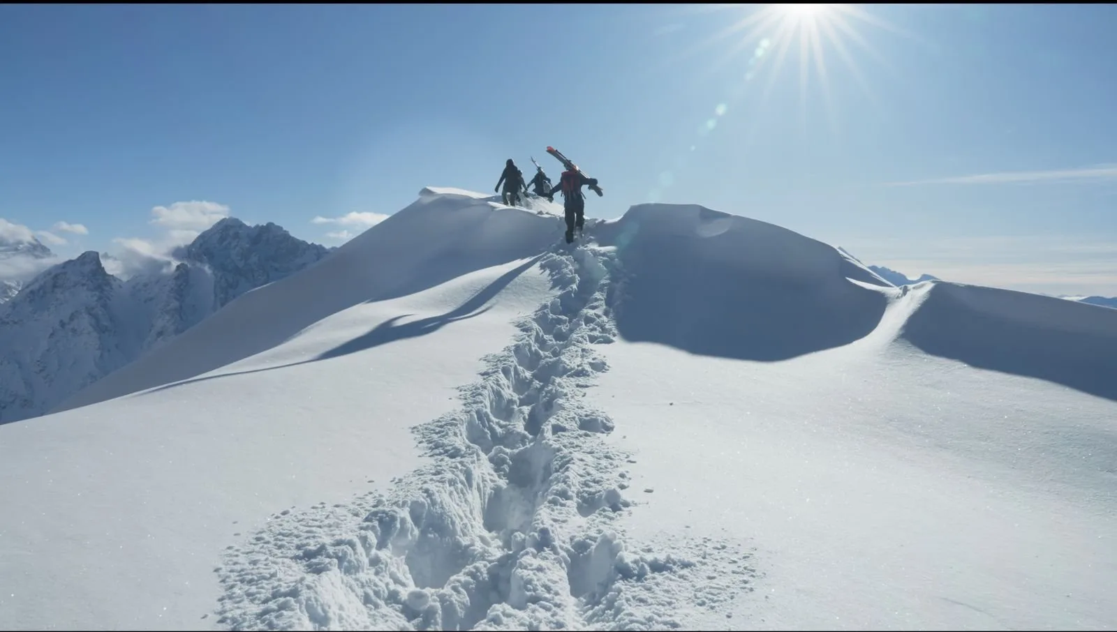 Skiers ascending a snowy ridge in Svaneti