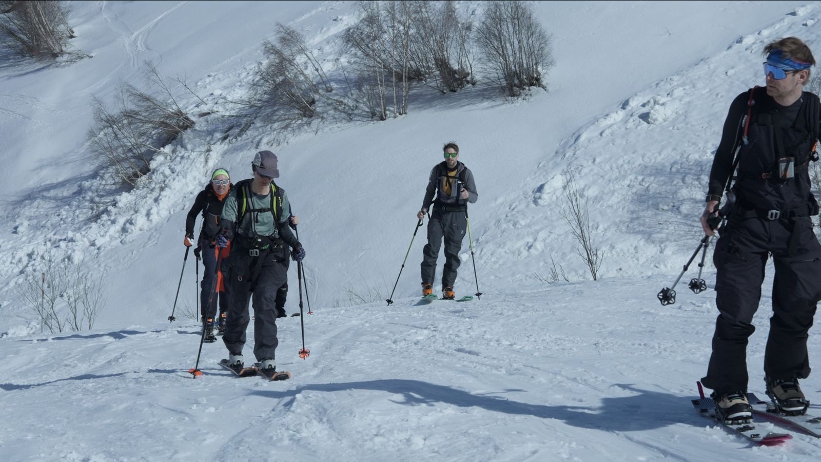 Four ski tourers skinning uphill in sunshine on a Svaneti slope