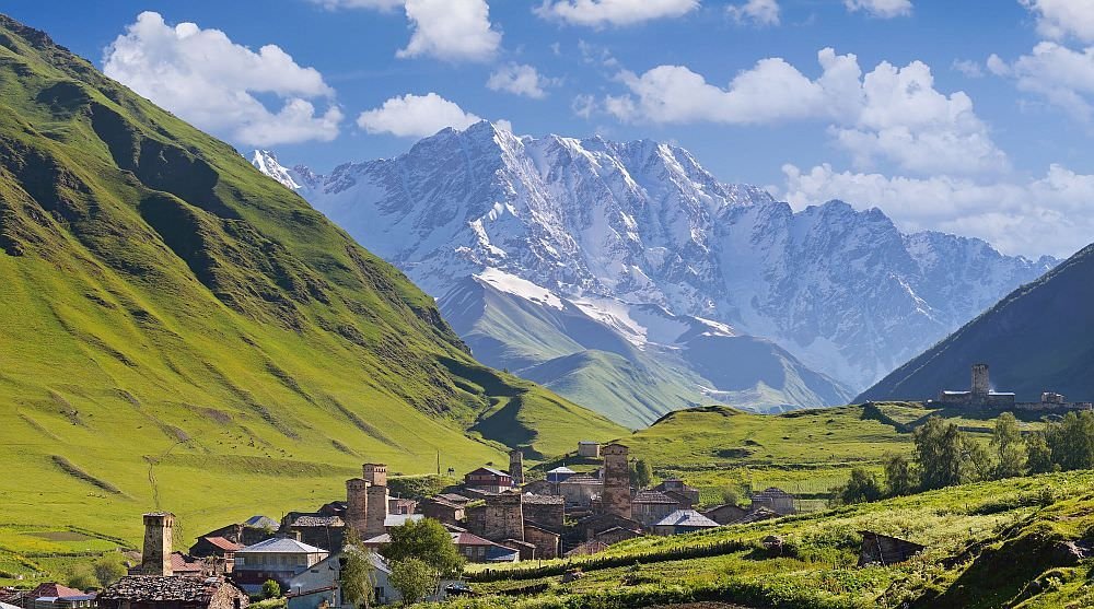 Ushguli village under the Shkhara wall in summer